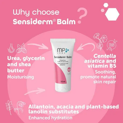 Sensiderm Balm packaging on a pink background with product features listed.