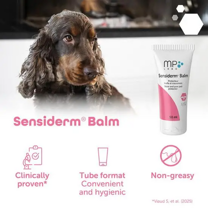 Dog with Sensiderm Balm packaging and product features on a white background