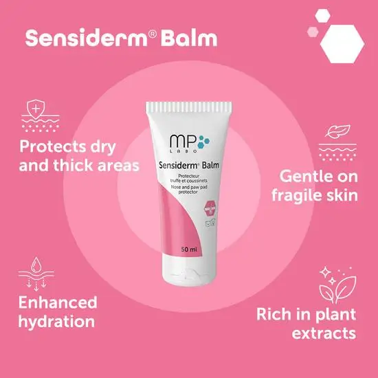 Sensiderm Balm packaging on a pink background with product features listed.
