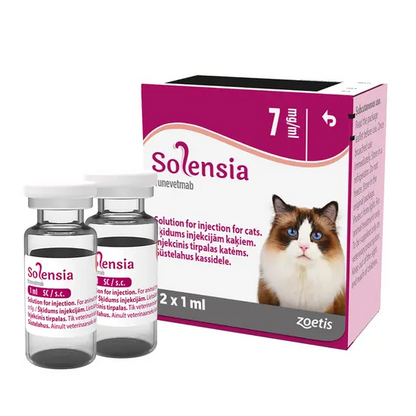 Solensia veterinary product packaging with two vials on a white background