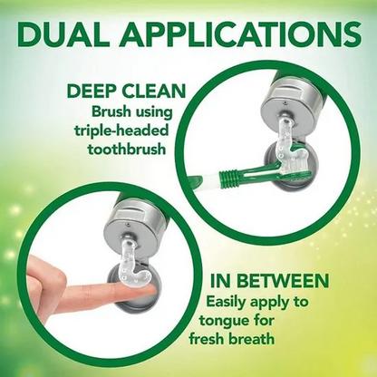 Product advertisement showing dual applications of a dental tool with text on a green background.