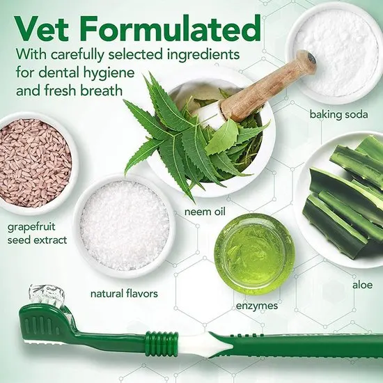 Vet-formulated dental hygiene product with ingredients and a toothbrush on a light green background.