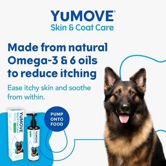 YUMOVE skin and coat care product for dogs with a German Shepherd on a blue background