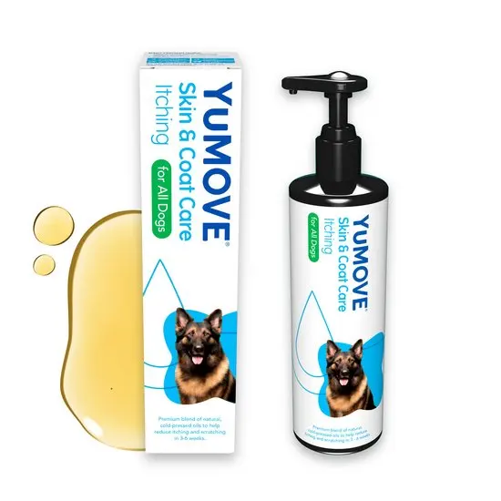 YuMOVE skin and coat care product for dogs including a pump bottle and box on a white background.