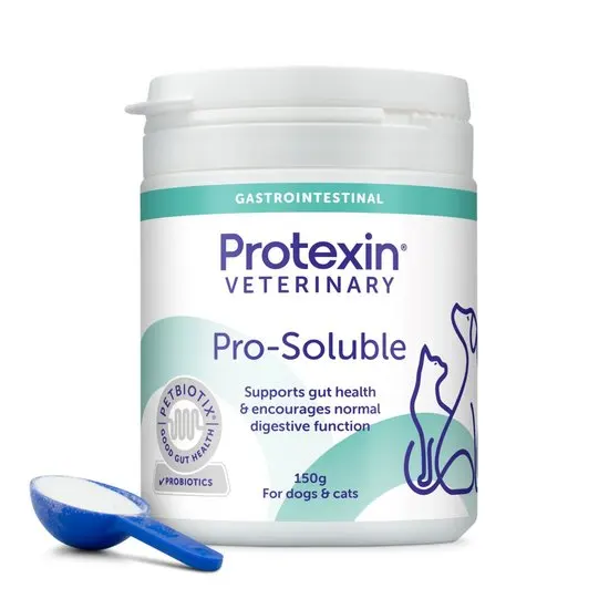 Protexin Veterinary Pro-Soluble supplement container with a scoop on a white background