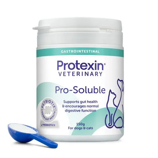 Protexin Veterinary Pro-Soluble supplement container with a scoop on a white background