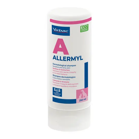Allermyl shampoo container with Virbac logo on a white background