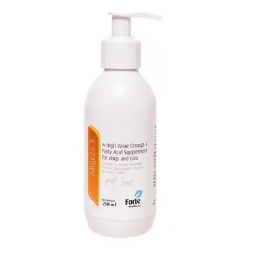 White bottle of allgeze with pump labeled 'Forte' on a white background