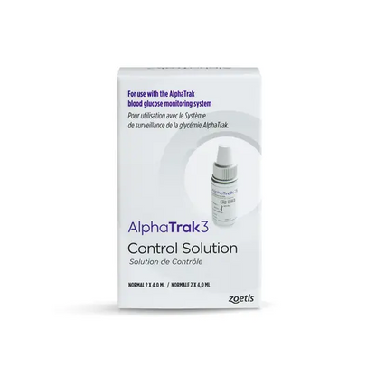 AlphaTrak3 Control Solution packaging for blood glucose monitoring system on a white background