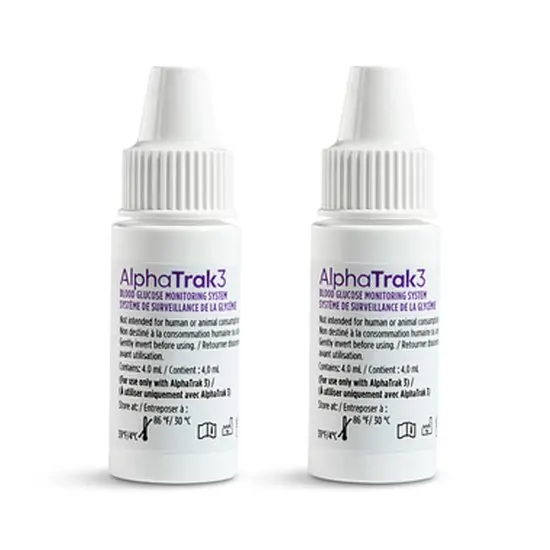 Two AlphaTrak3 control solution bottles on a white background