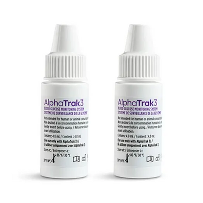 Two AlphaTrak3 control solution bottles on a white background