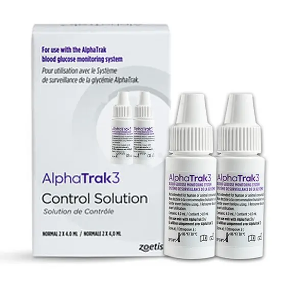 AlphaTrak3 control solution packaging with two bottles on a white background