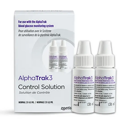 AlphaTrak3 control solution packaging with two bottles on a white background
