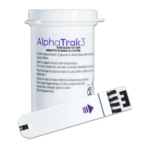 AlphaTrak 3 blood glucose test strips packaging on a white background
