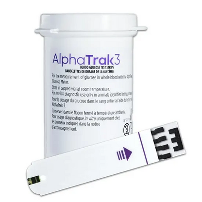 AlphaTrak 3 blood glucose test strips packaging on a white background