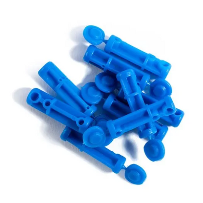 multiple blue AlphaTrak3 lancets on white background