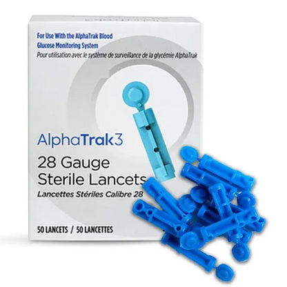 Box of AlphaTrak3 28 gauge sterile lancets with blue lancets on a white background