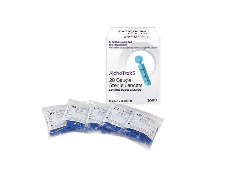 AlphaTrak3 28 gauge sterile lancets packaging on a white background