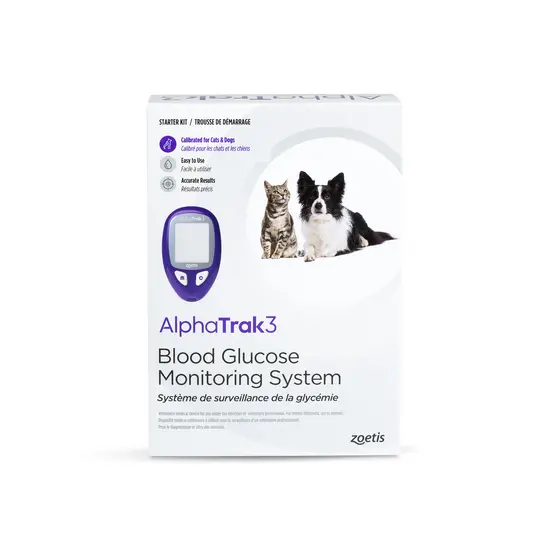 AlphaTrak3 blood glucose monitoring system packaging with a dog and cat on a white background