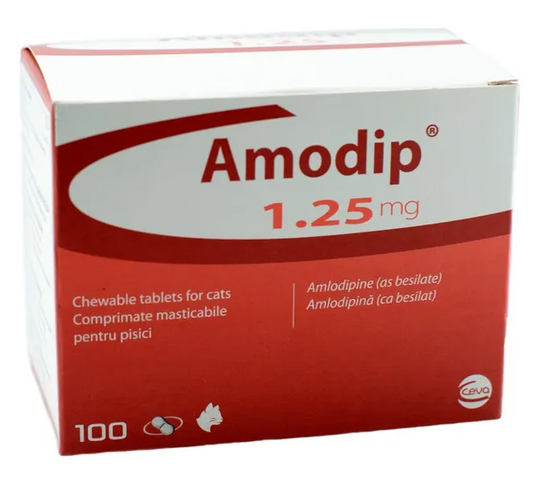 Amodip 1.25 mg packaging for cats with red and white design