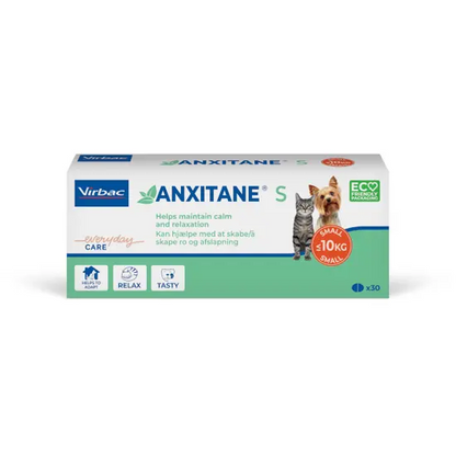 Anxitane S packaging for pets with images of a dog and cat, and Virbac branding.