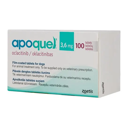 Box of apoquel 3.6mg tablets for dogs with green and white design