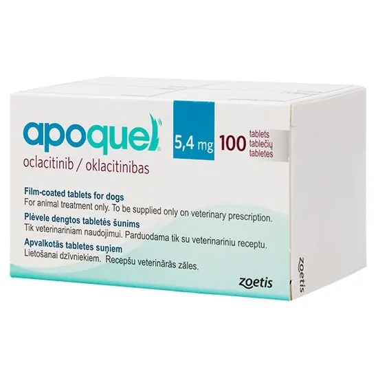 Box of Apoquel tablets 5.4mg for dogs with Zoetis branding on a white background