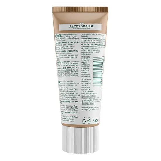 Tube of Arden Grange pet food on a white background