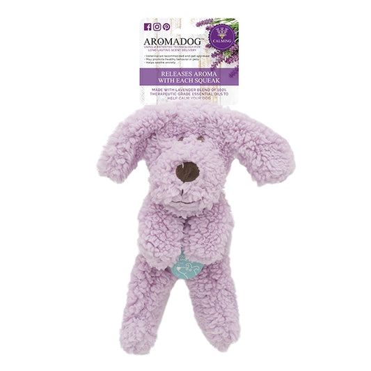 Purple aromadog dog toy with packaging on a white background