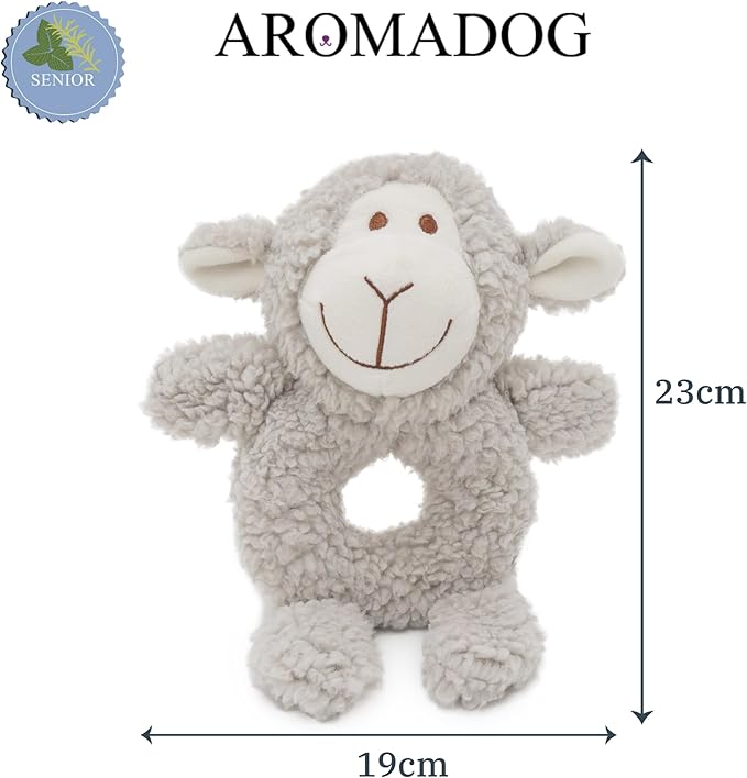 Plush toy sheep with dimensions on a white background, featuring the Aromadog brand.