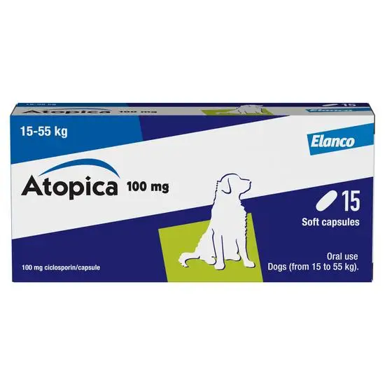 Box of Atopica 100 mg soft capsules for dogs by Elanco on a white background