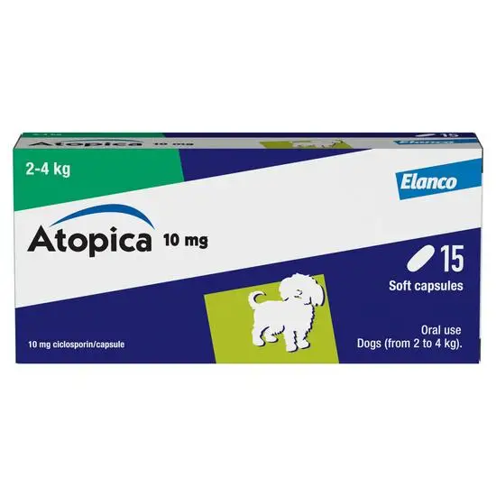 Box of Atopica 10 mg soft capsules for dogs by Elanco on a white background