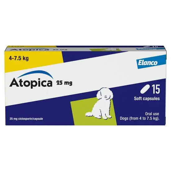 Box of Atopica 25 mg soft capsules for dogs by Elanco on a white background