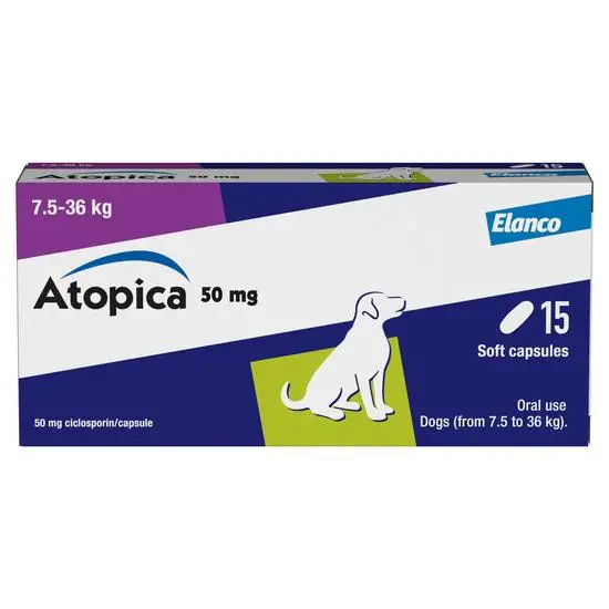Box of Atopica 50 mg soft capsules for dogs by Elanco on a white background