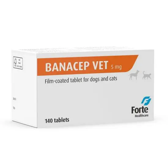 Box of Banacep Vet 5 mg film-coated tablets for dogs and cats by Forte Healthcare on a white background