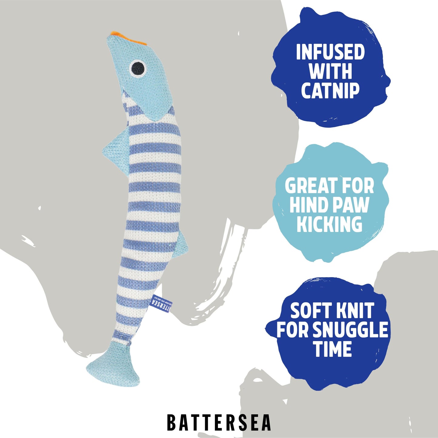 Blue and white striped cat toy with text about catnip and soft knit quality on a gray background.