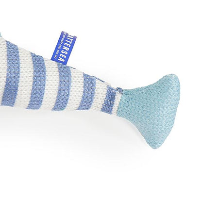 Blue and white striped sock with a brand tag on a white background