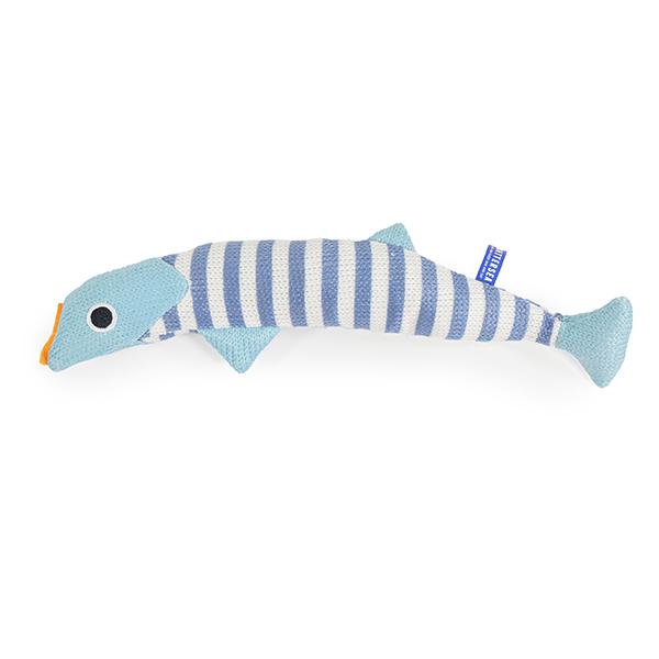 Blue and white striped fish-shaped toy on a white background