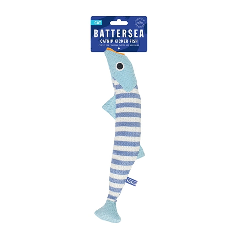 Striped fish-shaped cat toy with 'Battersea' branding on a white background