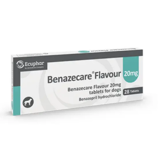 Box of Benazecare Flavour 20mg tablets for dogs by Ecuphar on a white background