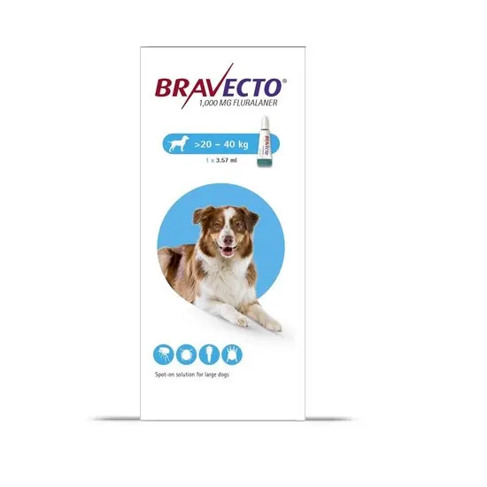 Bravecto packaging for dogs with a size range of 20 to 40 kg on a white background.