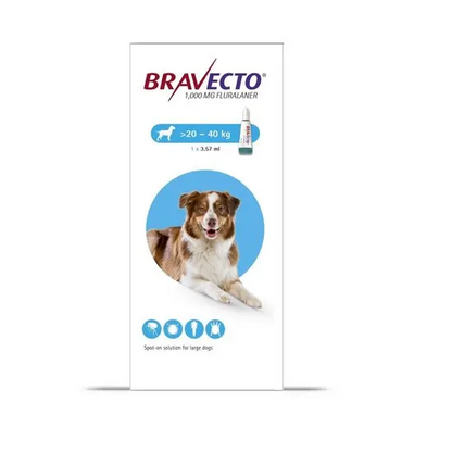 Bravecto packaging for dogs with a size range of 20 to 40 kg on a white background.