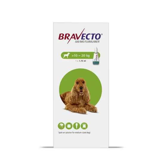Bravecto packaging for medium-sized dogs 10-20kg on a white background