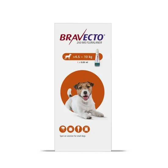 Bravecto packaging for small dogs 4.5-10kg with a dog illustration on a white background