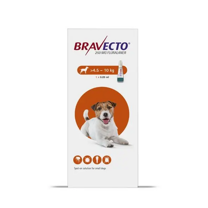 Bravecto packaging for small dogs 4.5-10kg with a dog illustration on a white background