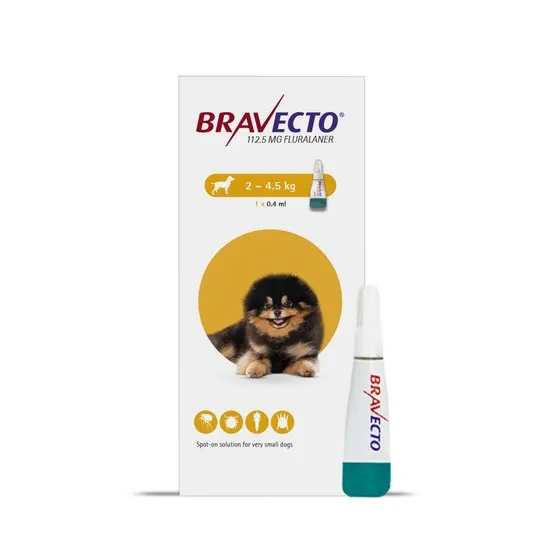 Bravecto product packaging for small dogs 2-4.5kg on a white background
