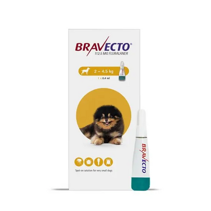 Bravecto product packaging for small dogs 2-4.5kg on a white background