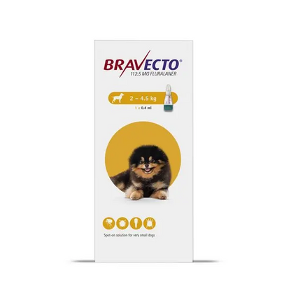 Bravecto packaging for very small dogs 2-4.5kg with a dog illustration on a white background