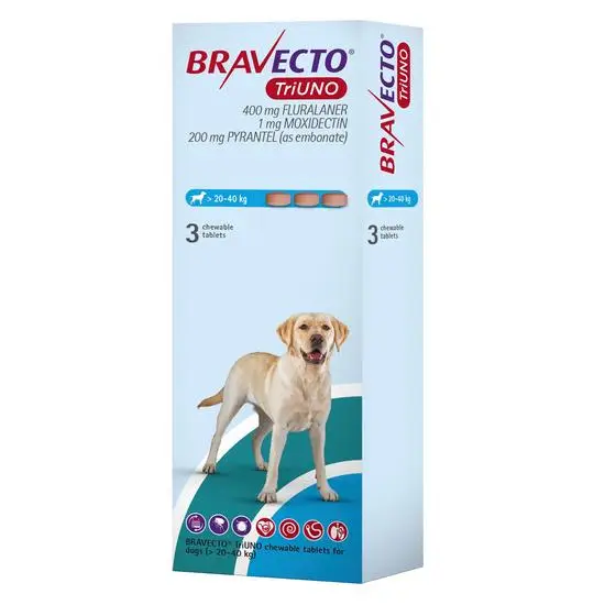 Bravecto TriUno packaging for dogs 20-40kg with a dog illustration on a white background