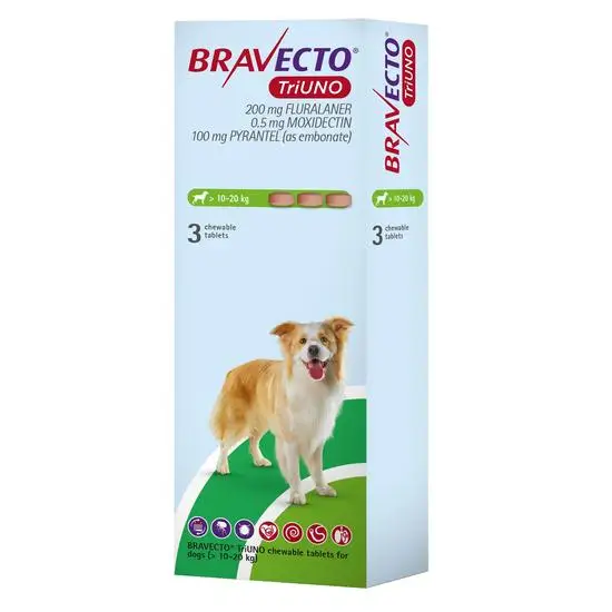 Bravecto TriUNO packaging for dogs 10-20kg with a dog illustration on a white background